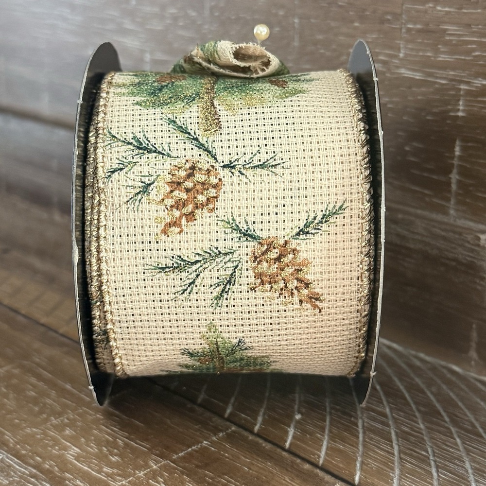D. Stevens Wired Ribbon 2.5" Christmas Tree Pinecone Natural Metallic Gold Green - Picture 2 of 9